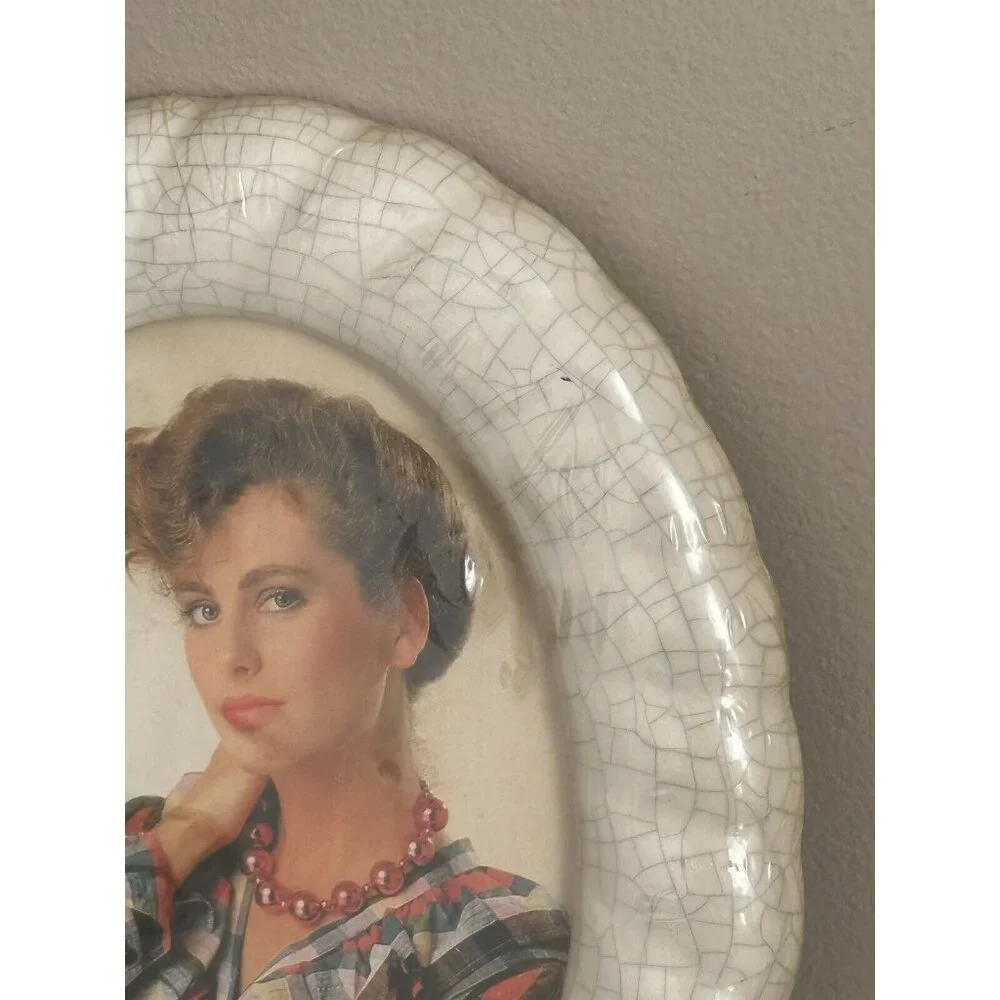 Vintage 90s Ceramic Crackle Glass Oval Picture Frame 5x7 Floral Cottagecore NEW!
